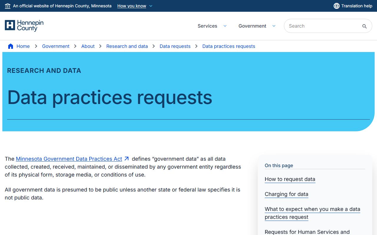 Hennepin County Court Administrator records data practices request page