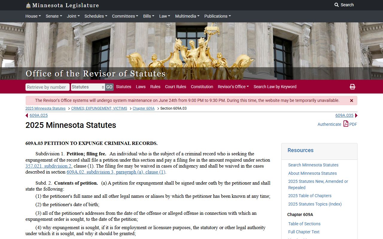 Hennepin County arrest records and court charges expungement petition statute