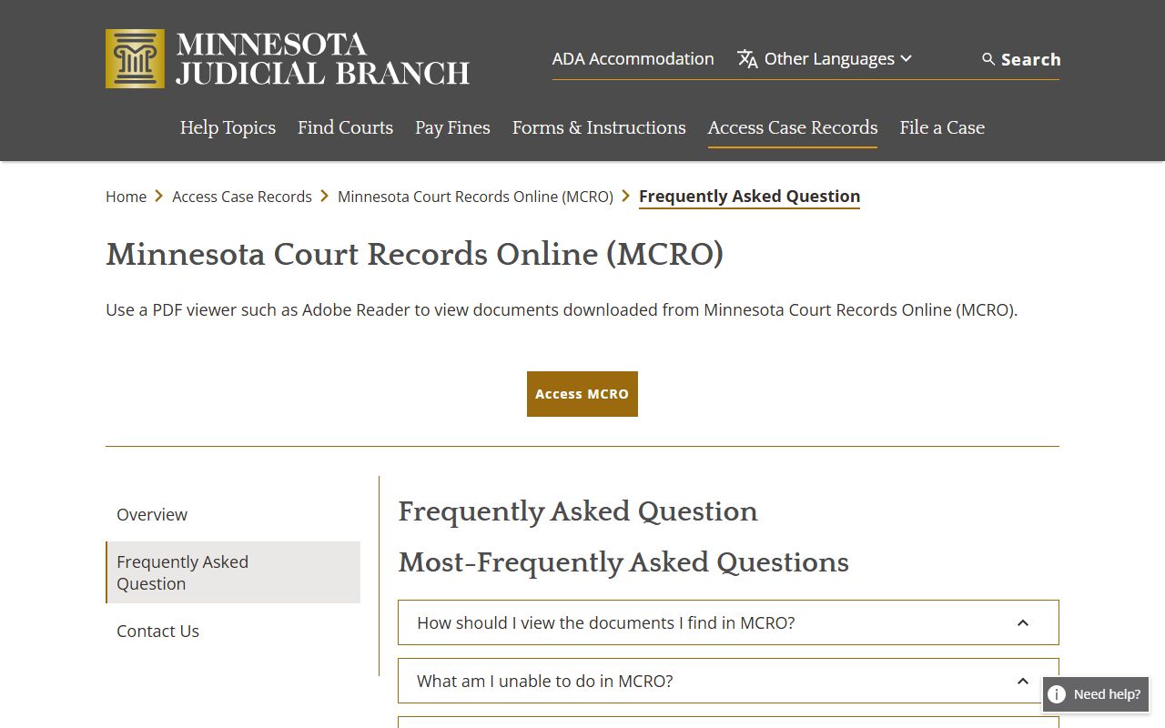 Hennepin County court dockets MCRO search FAQ page