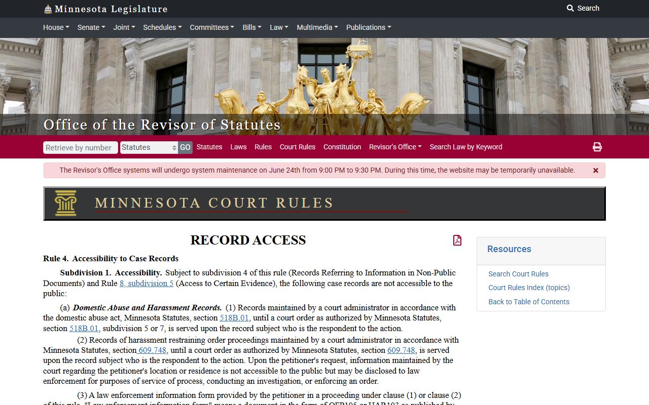 Hennepin County court dockets public access Rule 4 restrictions