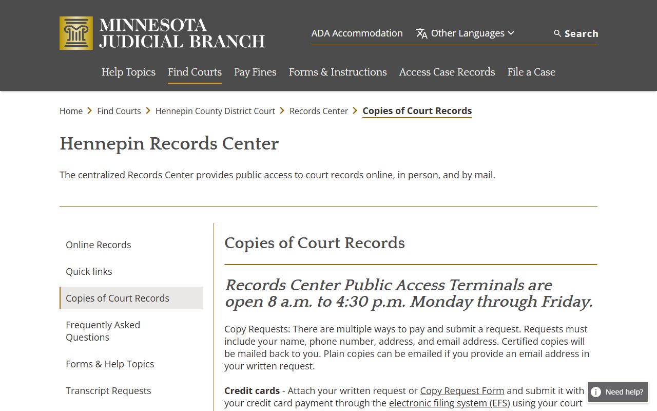 Hennepin County court records copy request instructions
