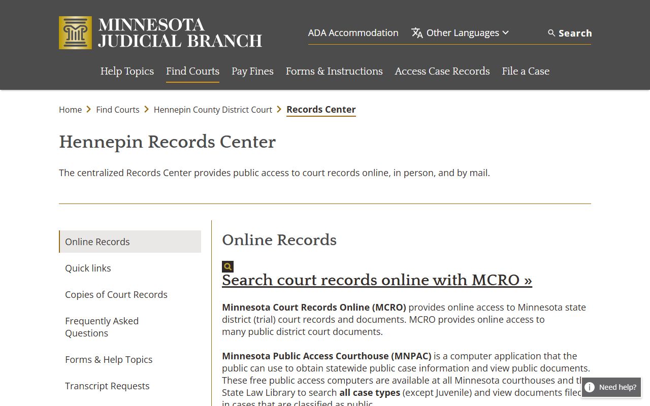 Hennepin County court records Records Center access page