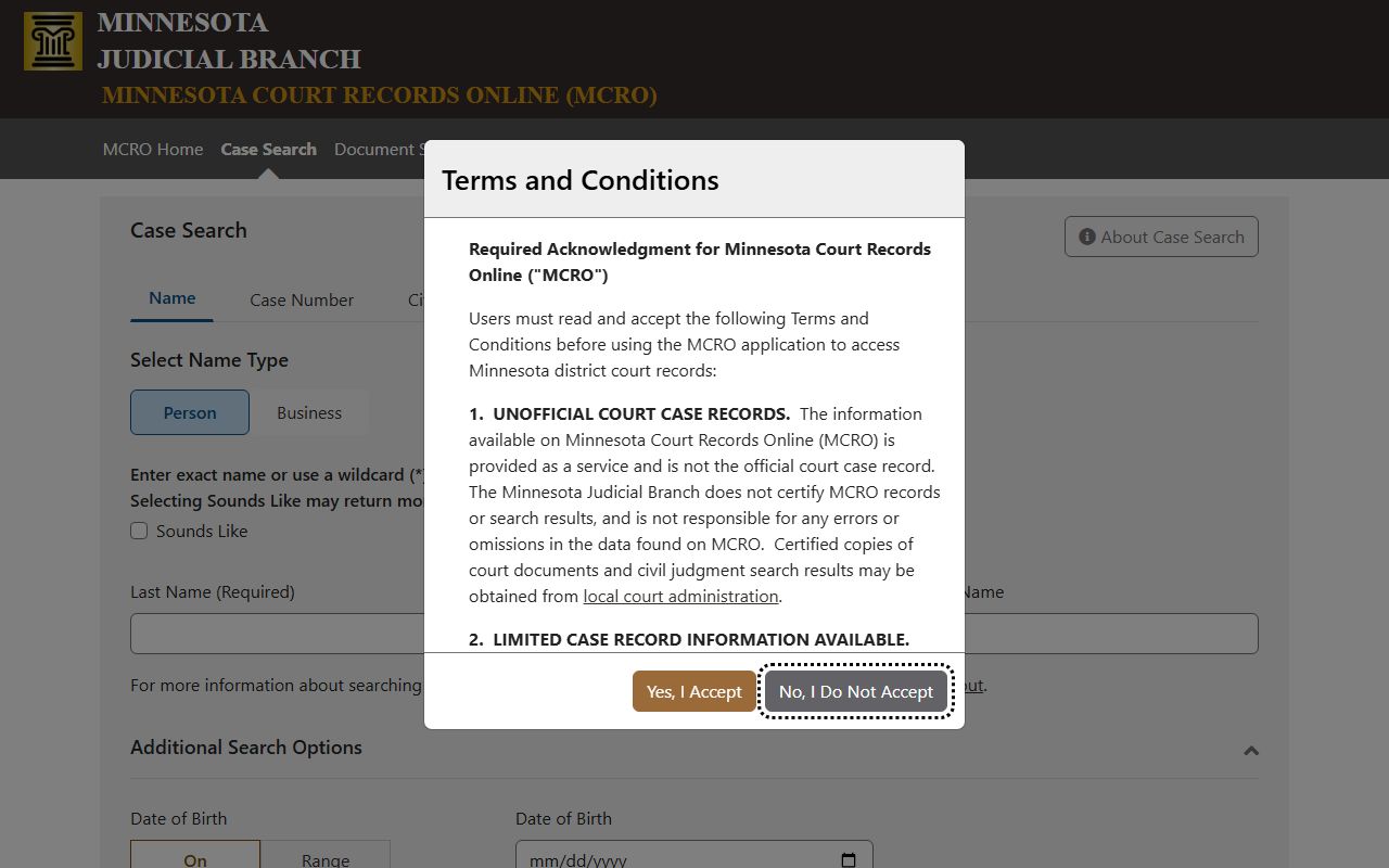 Hennepin County court records MCRO Case Search fields