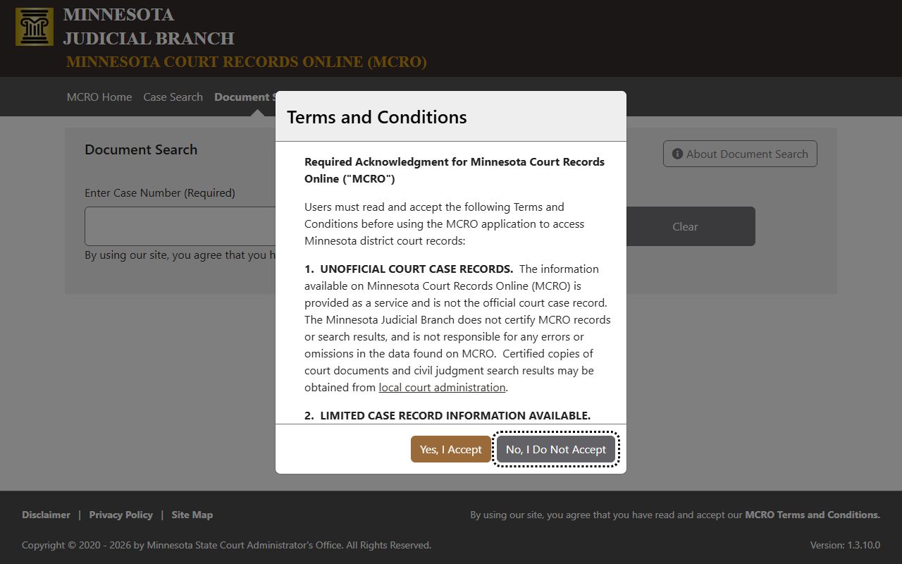 Hennepin County court records MCRO Document Search page