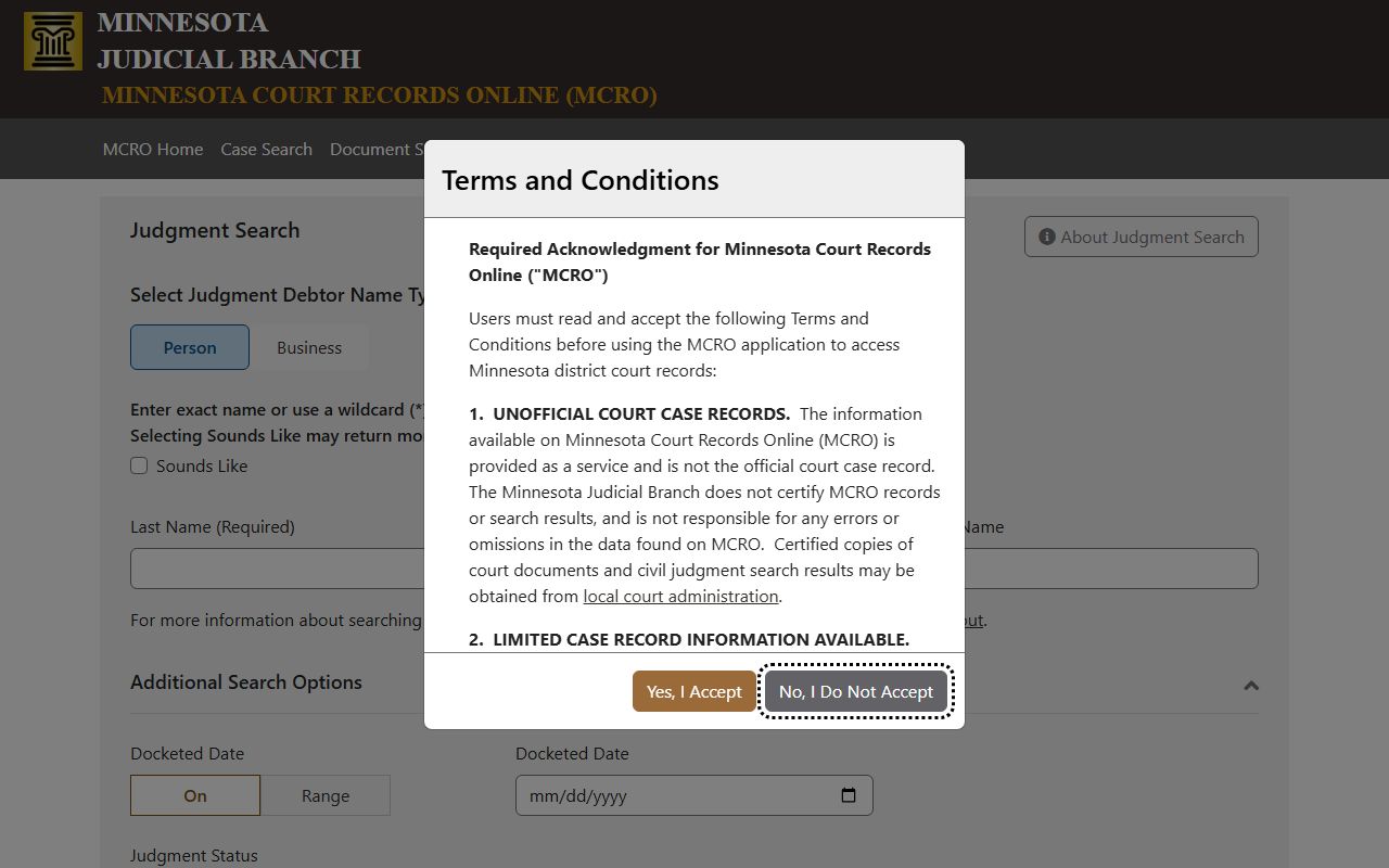 Hennepin County court records MCRO Judgment Search page