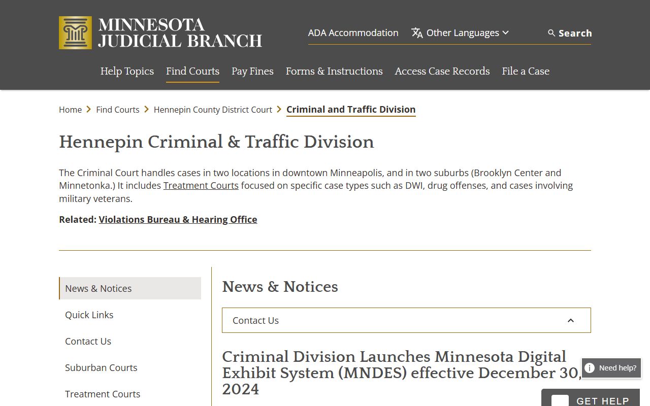 Hennepin County criminal court records Criminal and Traffic Court page