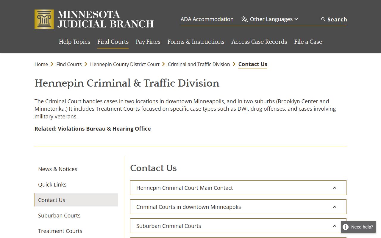 Hennepin County criminal court records contact and locations page