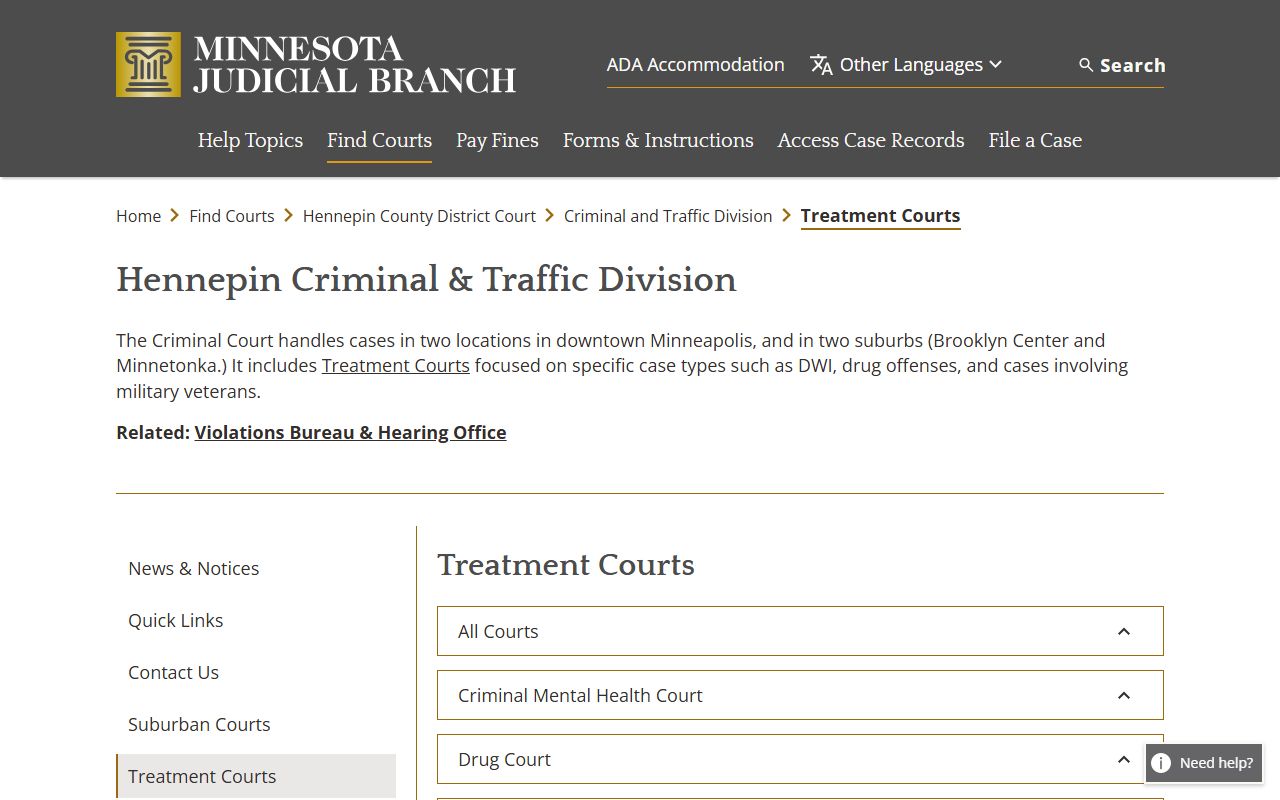 Hennepin County criminal court records treatment courts page