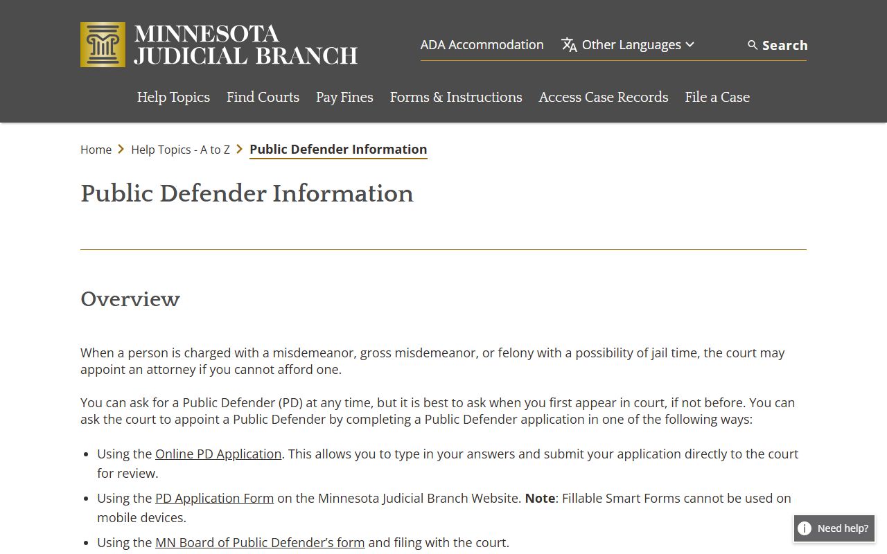 Hennepin County criminal court records public defender help topic