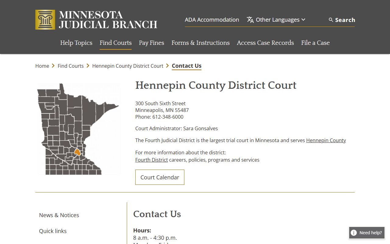 Hennepin County court records Court Contact Center page