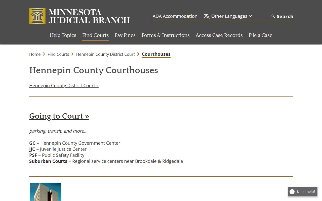 Hennepin County court records courthouse locations page
