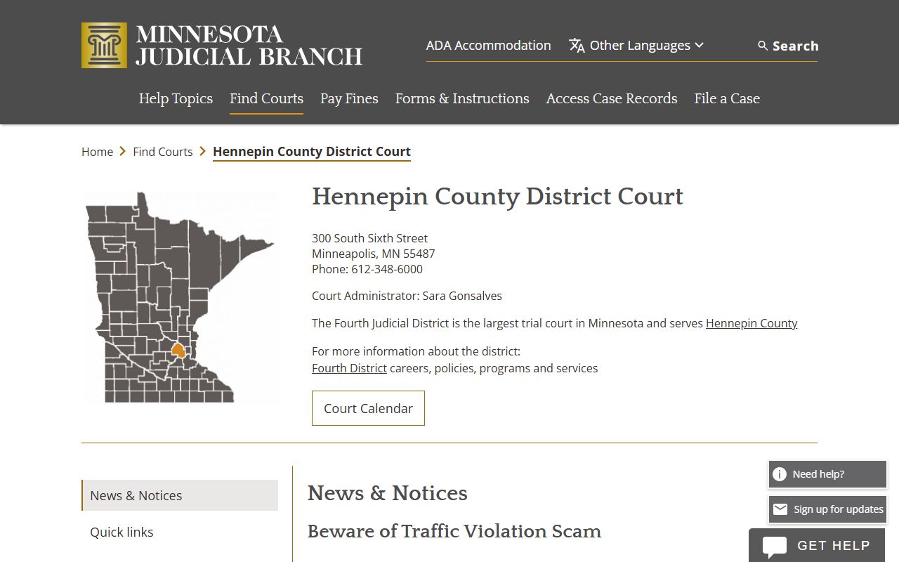 Hennepin County court records District Court landing page