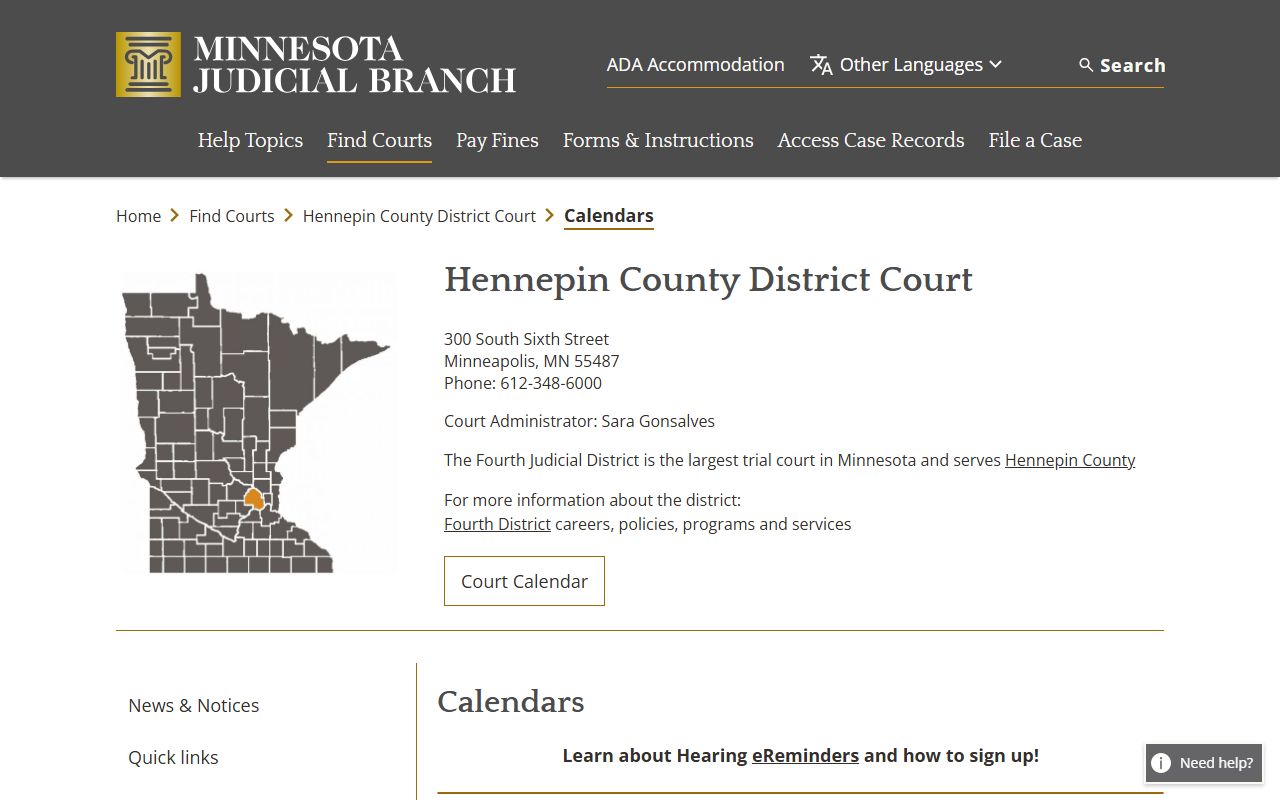 Hennepin County court records court calendars page