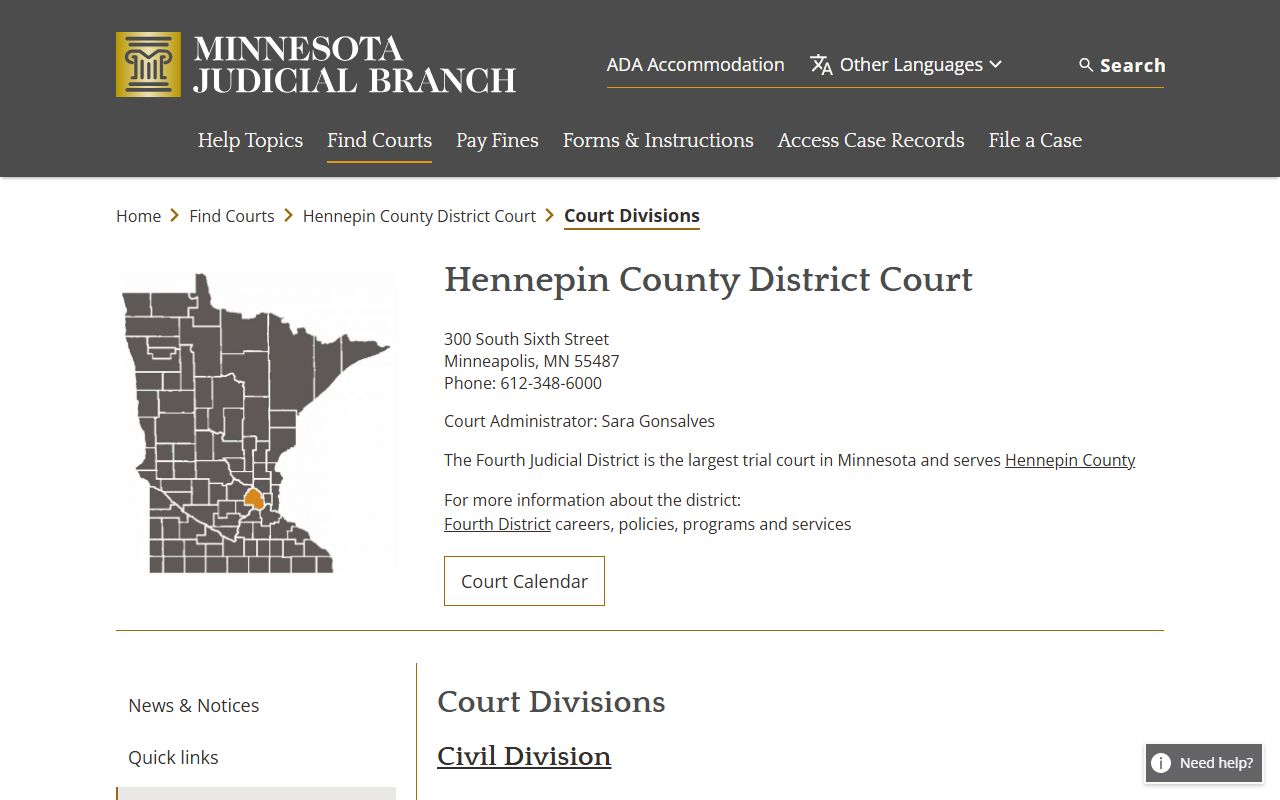 Hennepin County court records District Court divisions page