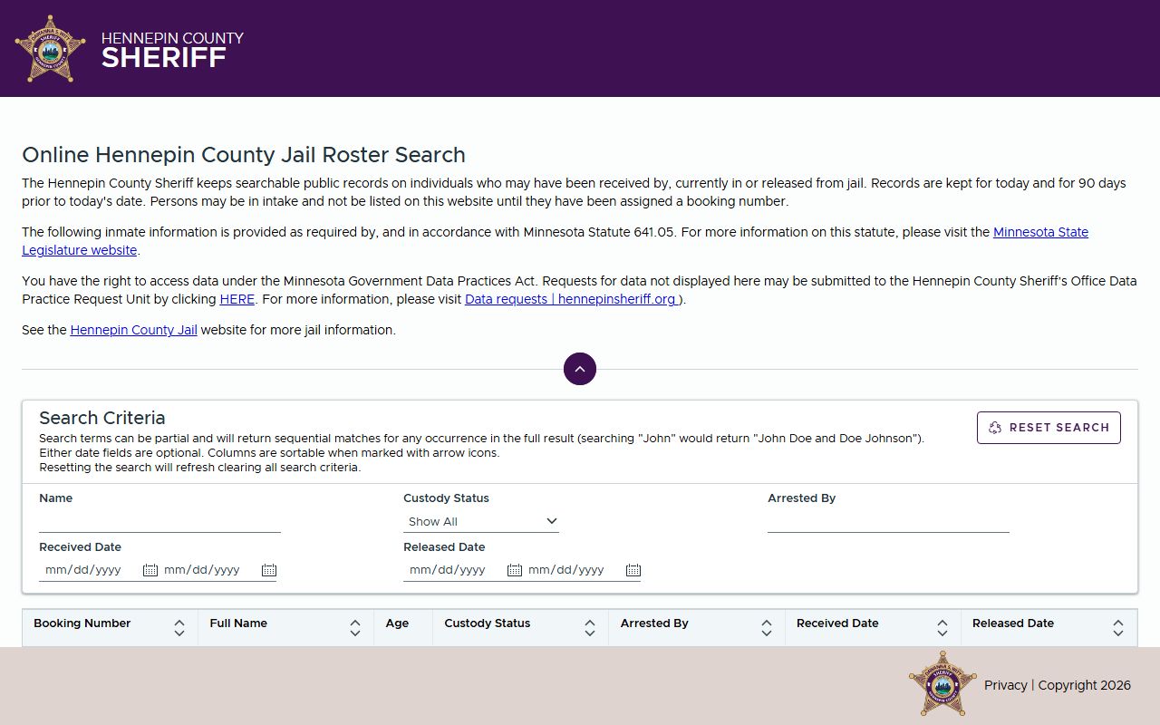 Hennepin County inmate records official jail roster search