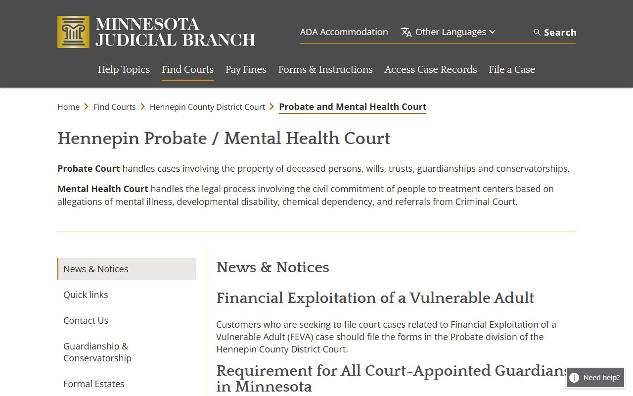 Hennepin County probate records Probate and Mental Health Court page