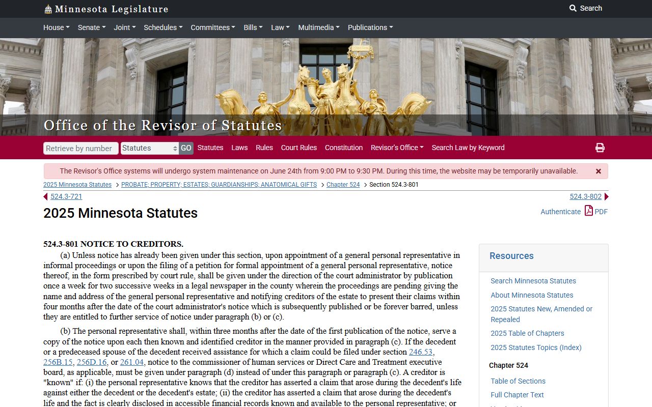 Hennepin County probate records creditor claim statute