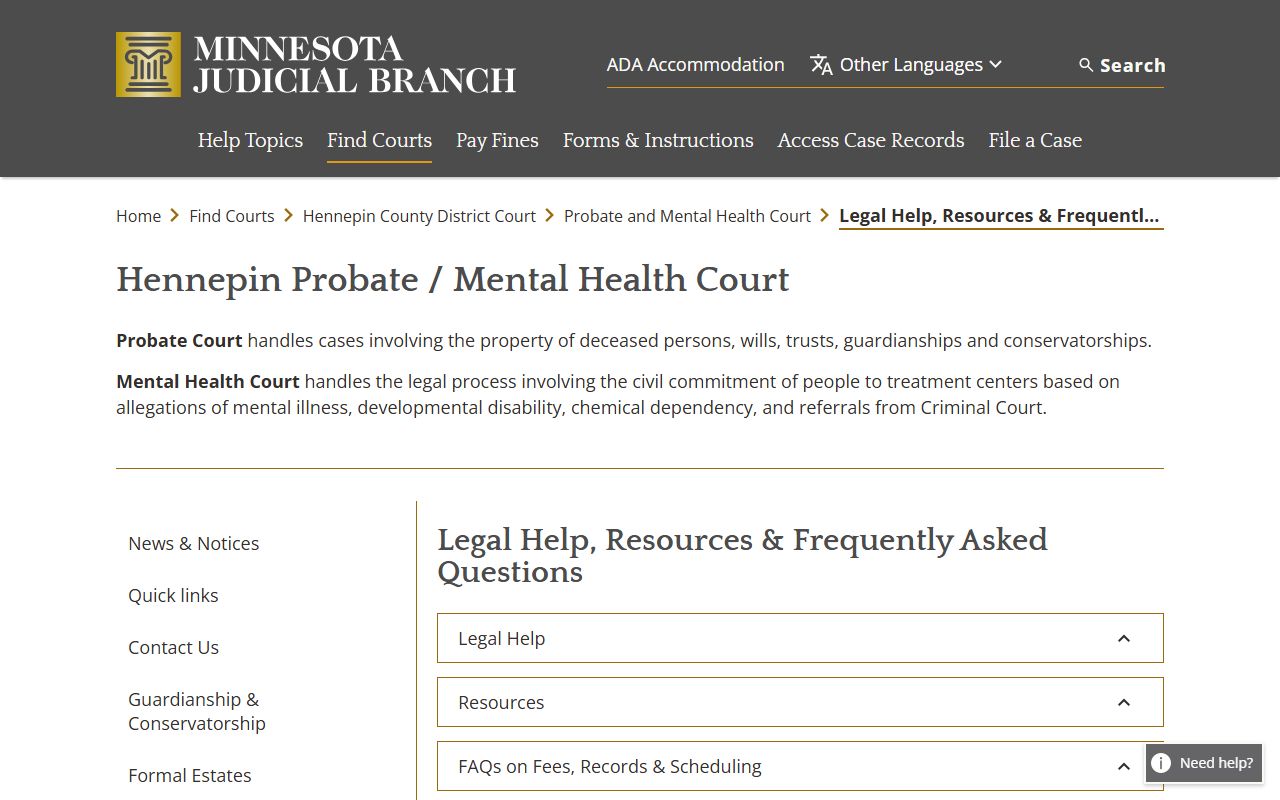 Hennepin County probate records legal help and FAQ page