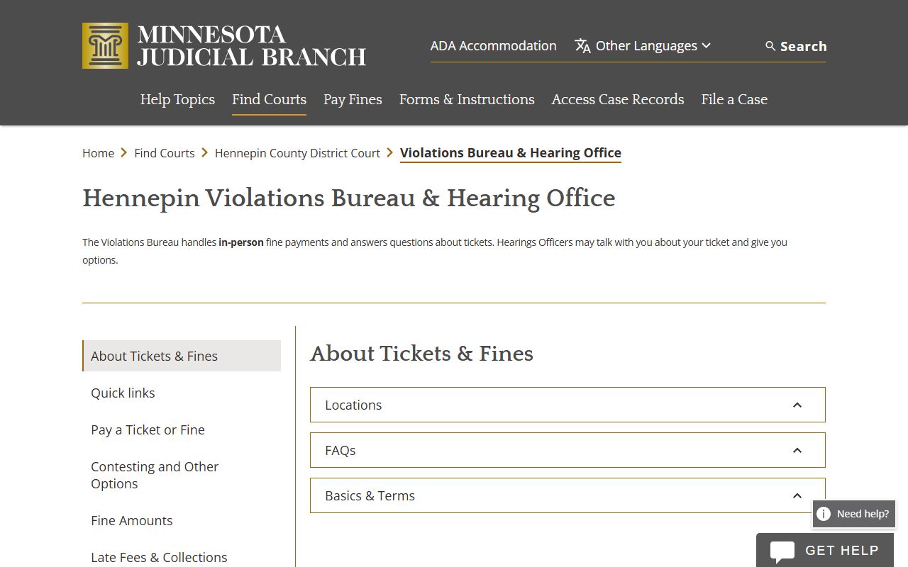 Hennepin County traffic court records Violations Bureau and Hearing Office